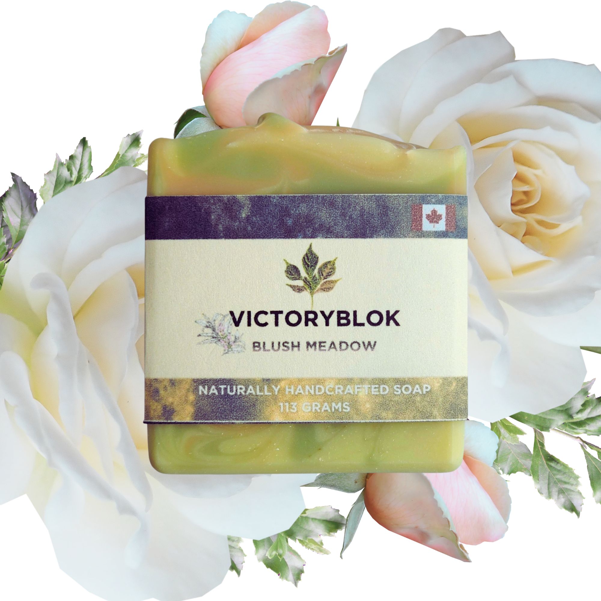 Blush Meadow natural soap bar with soft clay hues and botanical tones, handcrafted with nourishing plant oils and a bright floral‑herbal aroma.