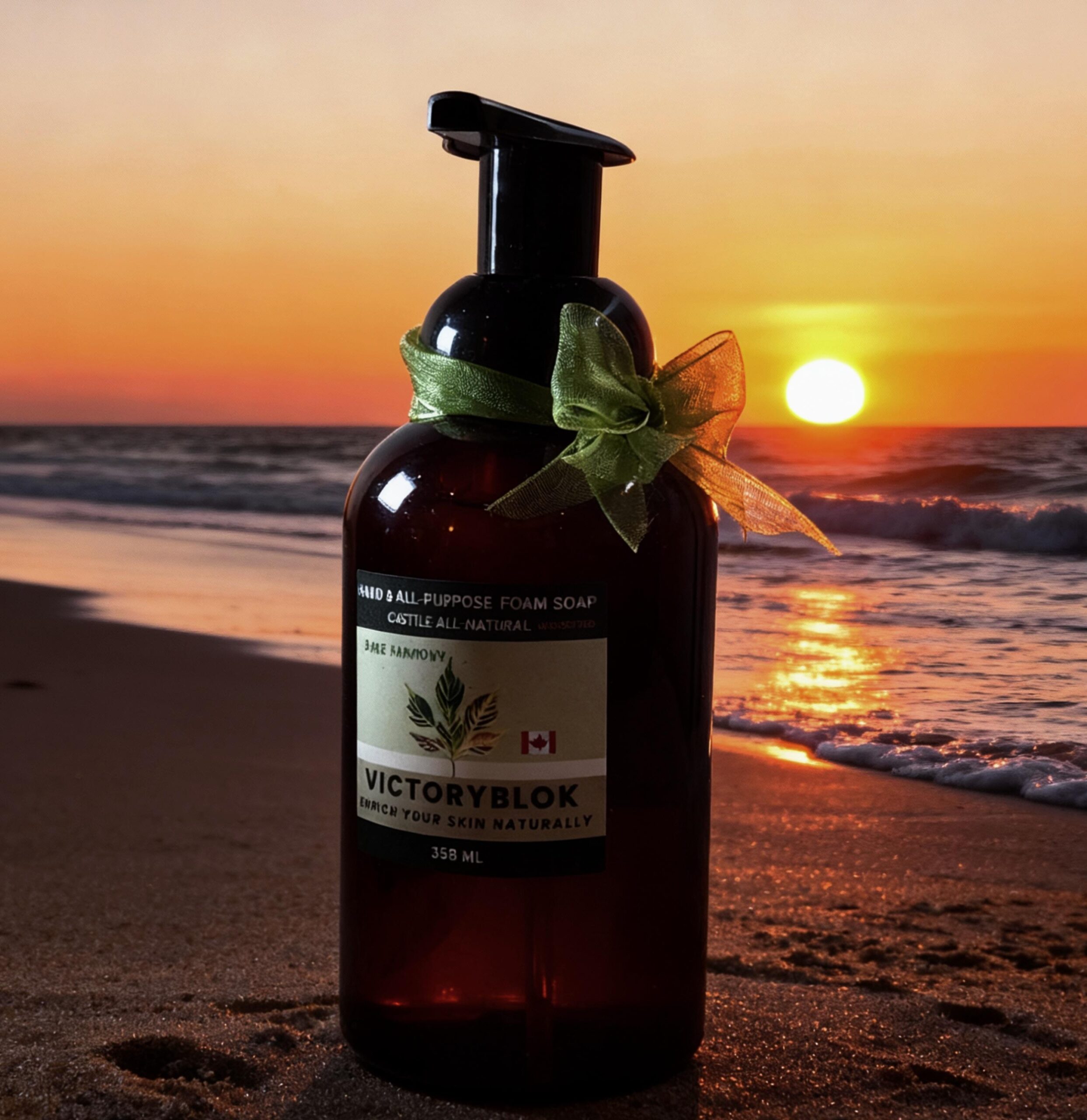 VICTORYBLOKS Wild Harmony Foam liquid soap in a brown pump container, set against a backdrop of earth, forests, and sea. Made with olive, coconut, and castor oils, plus lavender, rosemary, lemon, and eucalyptus essential oils for a gentle, non-toxic, environmentally friendly cleanse.