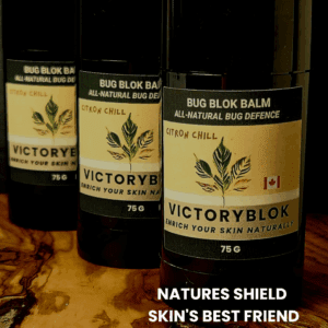 Roll-up container of VICTORYBLOK Citron Chill Bug Blok, a natural balm with shea, mango, and cocoa butters, beeswax, essential oils, and zinc oxide—effective bug protection and all-day moisturizer.