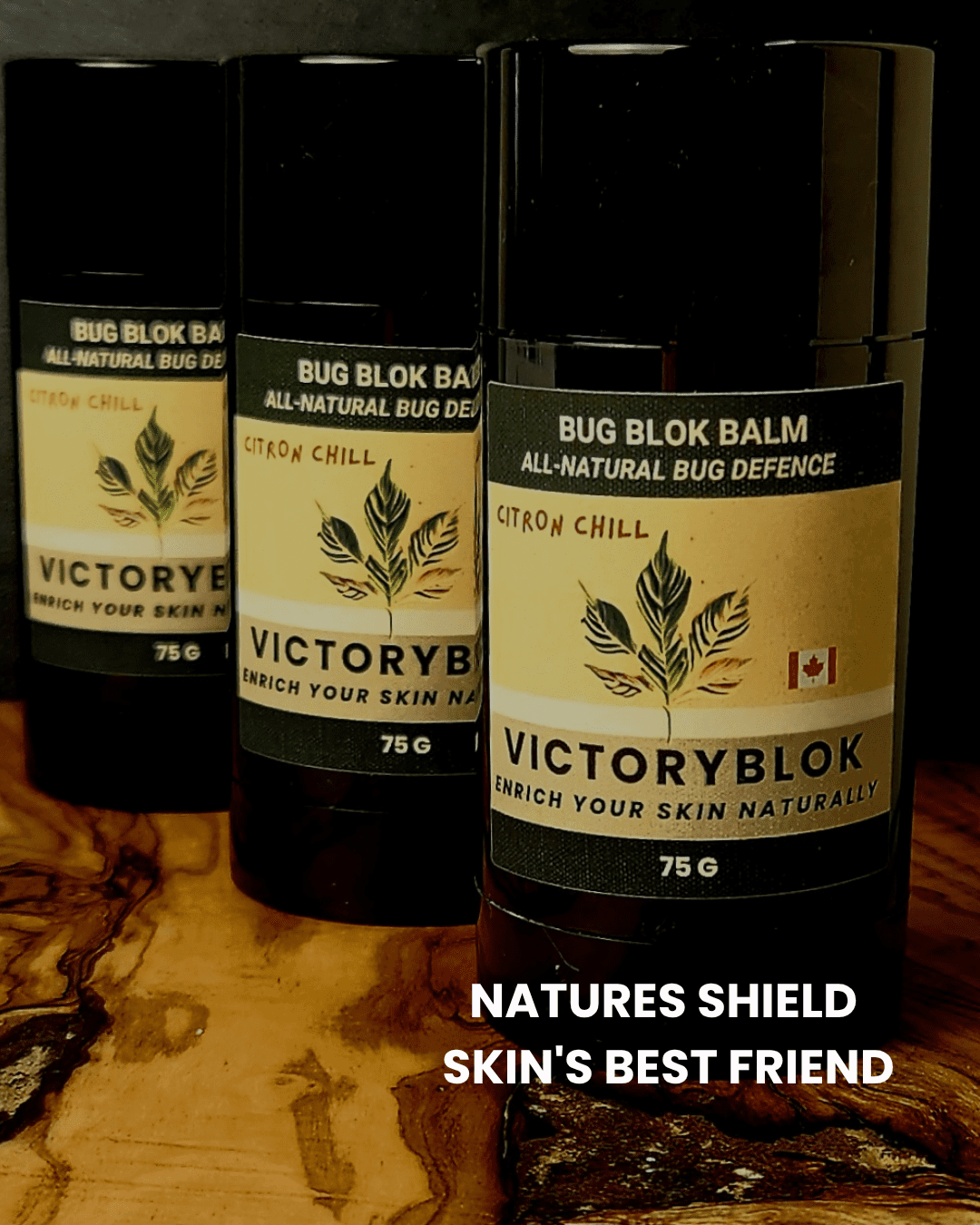 Roll-up container of VICTORYBLOK Citron Chill Bug Blok, a natural balm with shea, mango, and cocoa butters, beeswax, essential oils, and zinc oxide—effective bug protection and all-day moisturizer.
