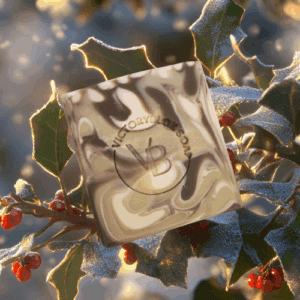 VICTORYBLOKS HOLLY FERN soap bar with green, brown, and cream camouflage-like swirls, set in front of holly leaves and berries. Made with olive oil, coconut oil, green and brown clays, and a blend of essential oils for a fresh, earthy cleanse.