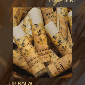 VICTORYBLOK LIP BALM Lush Mint with a beautifully designed label, featuring a blend of beeswax, kokum butter, shea butter, jojoba oil, castor oil, eucalyptus, peppermint, and tea tree essential oils for luxurious, protective, and healing lip care.