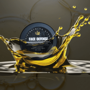55g tin of VICTORYBLOK FACE DEFENSE men's face cream surrounded by golden splash on dark marbled background