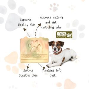 VICTORYBLOK Peanut’s Dog Shampoo Bar displayed with a clean dog and highlighted benefits such as healthy skin, odor control, and a soft coat.
