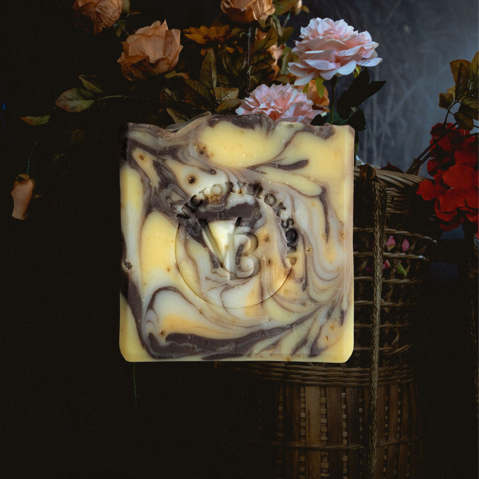 Gold Leaf Whisper natural soap bar with warm golden clay tones and a soft floral aroma, handcrafted with nourishing plant oils.